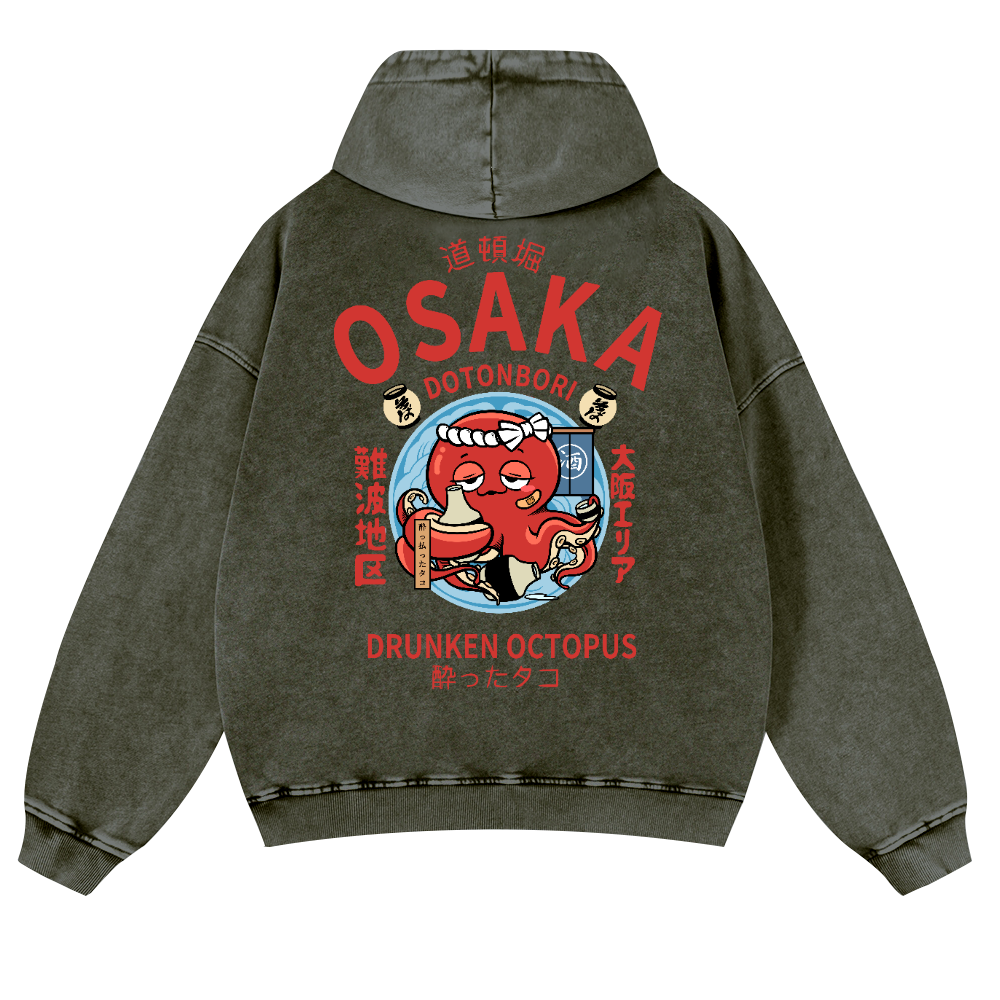Osaka Dotonbori Drunken Octopus Vintage Washed Cotton Back Art Hoodie