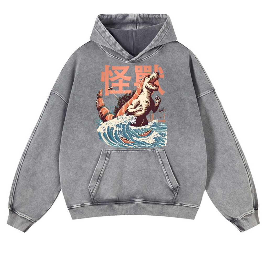Godzilla Sushi Monster Wave Vintage Washed Thick Cotton Hoodie
