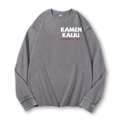 Ramen Godzilla Vintage Washed Cotton Back Art Long-sleeve T-shirt