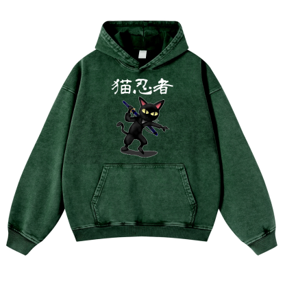 Cat Ninja Vintage Washed Thick Cotton Hoodie