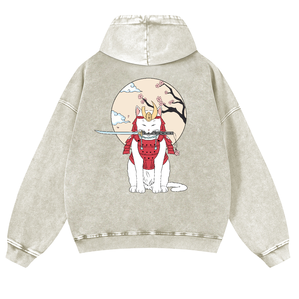 Samurai Cat Vintage Washed Cotton Back Art Hoodie
