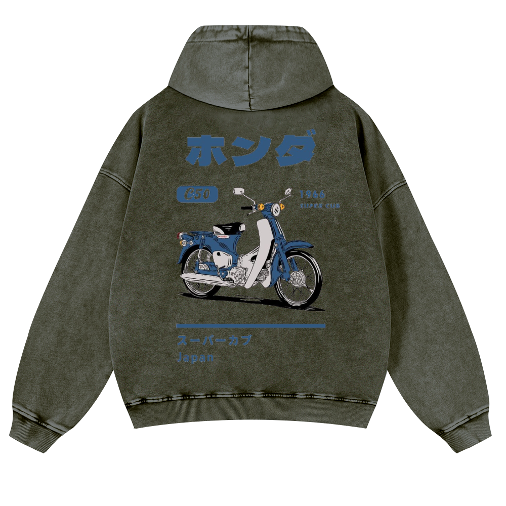 Honda C50 Super Cub Vintage Washed Cotton Back Art Hoodie