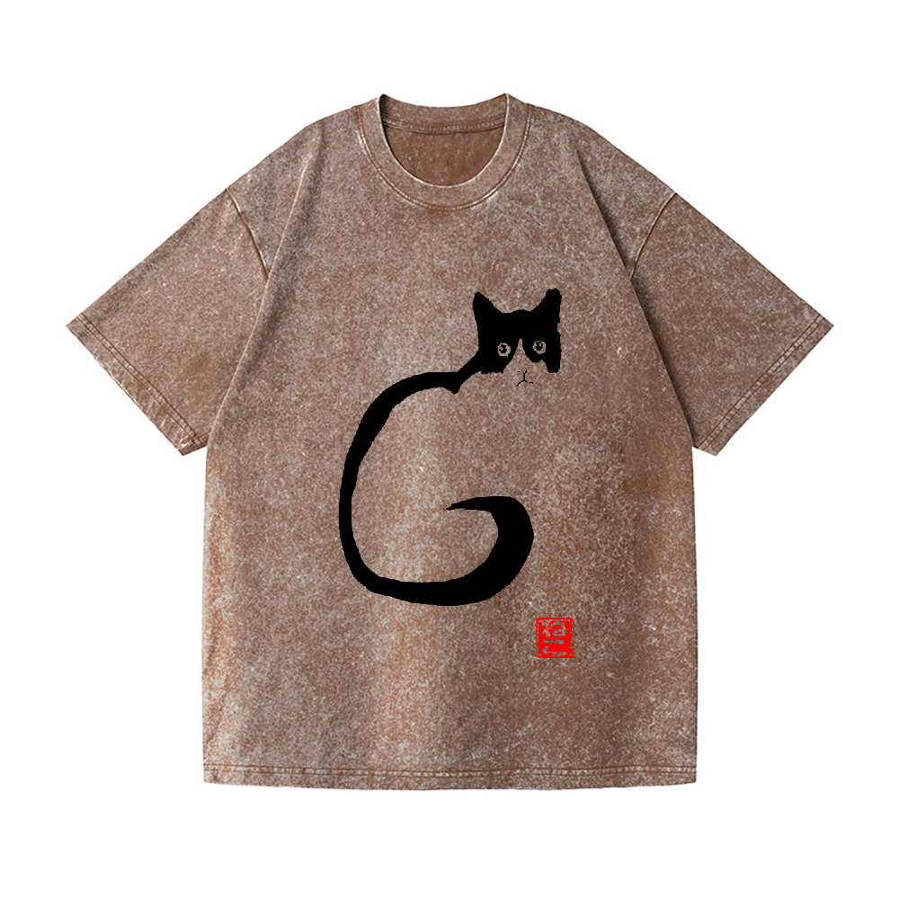 Black Ink Cat Neko Vintage Wash Japanese Design T-Shirt