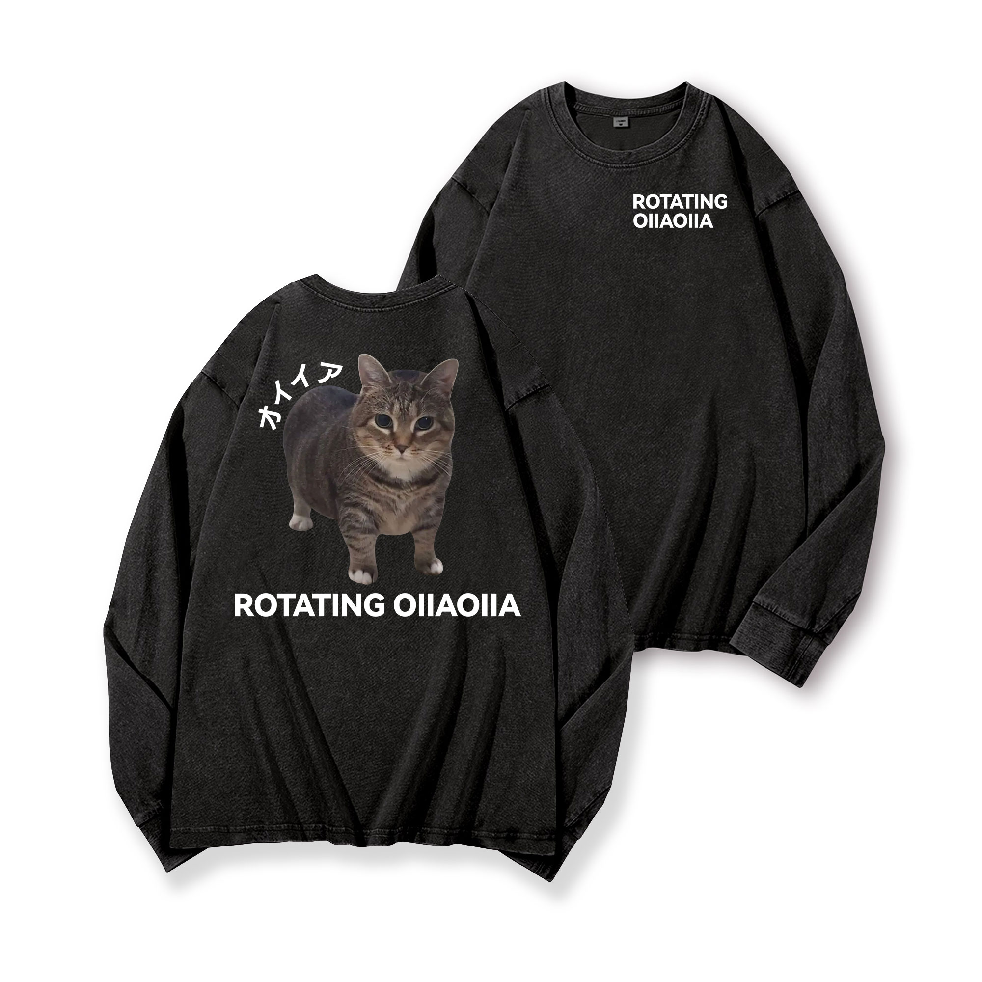 OIIA Cat Vintage Washed Cotton Back Art Long-sleeve T-shirt