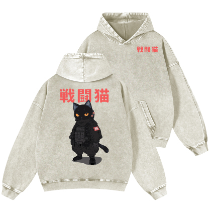 Battle Black Cat Vintage Washed Cotton Back Art Hoodie