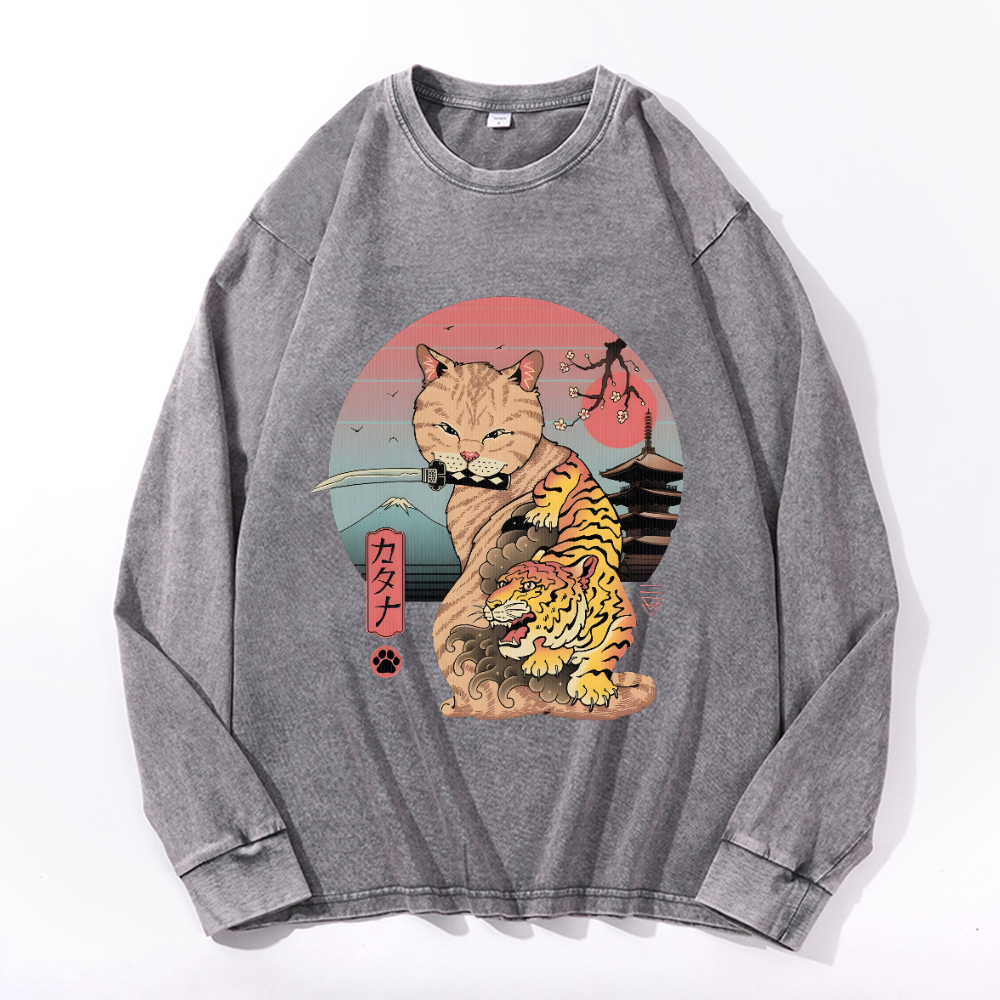 Cat Vintage Cotton Wash Crewneck Long-Sleeve T-Shirt