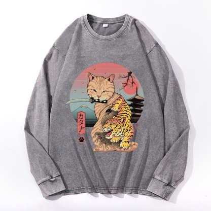 Cat Vintage Cotton Wash Crewneck Long-Sleeve T-Shirt
