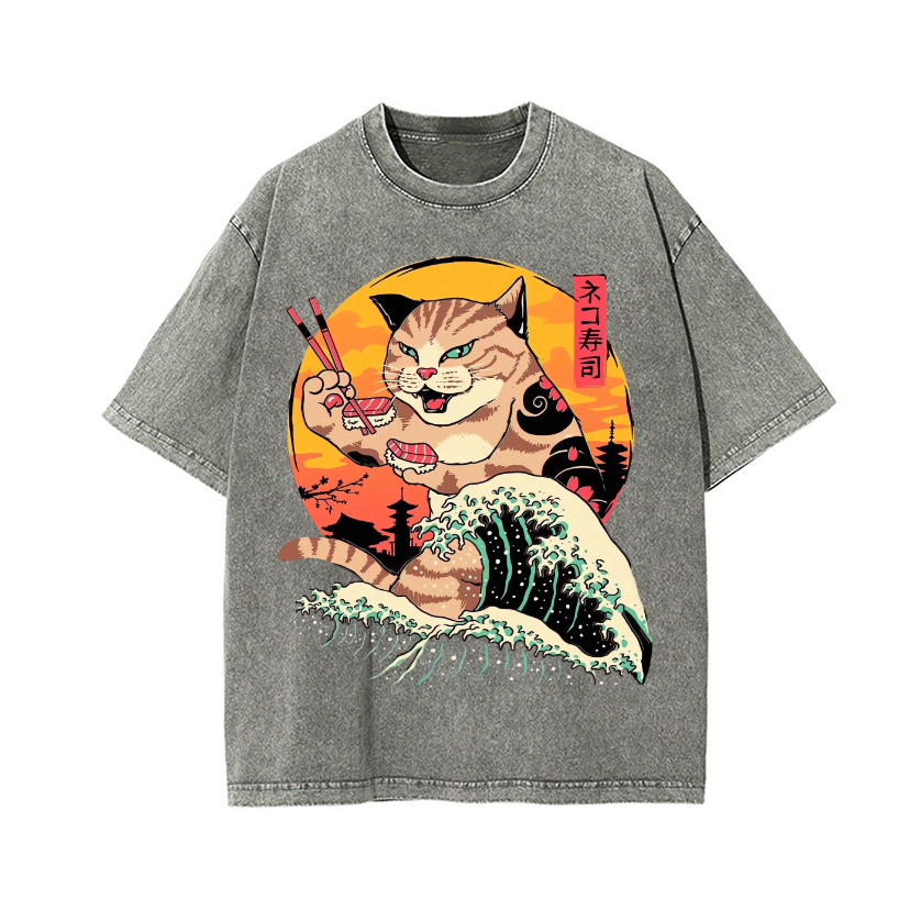 Ukiyoe Cat Vintage Wash Japanese Design T-Shirt