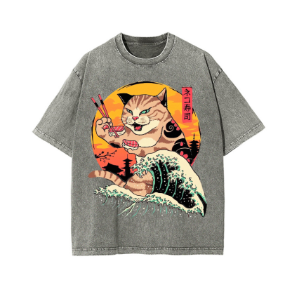 Ukiyoe Cat Vintage Wash Japanese Design T-Shirt