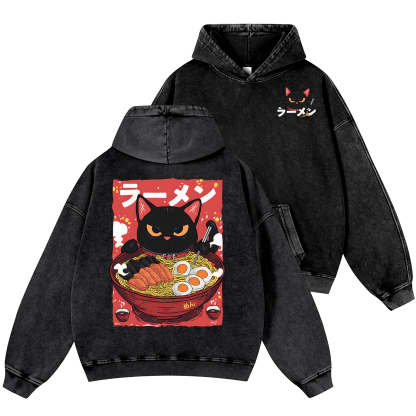 Ramen Black Cat Vintage Washed Cotton Back Art Hoodie