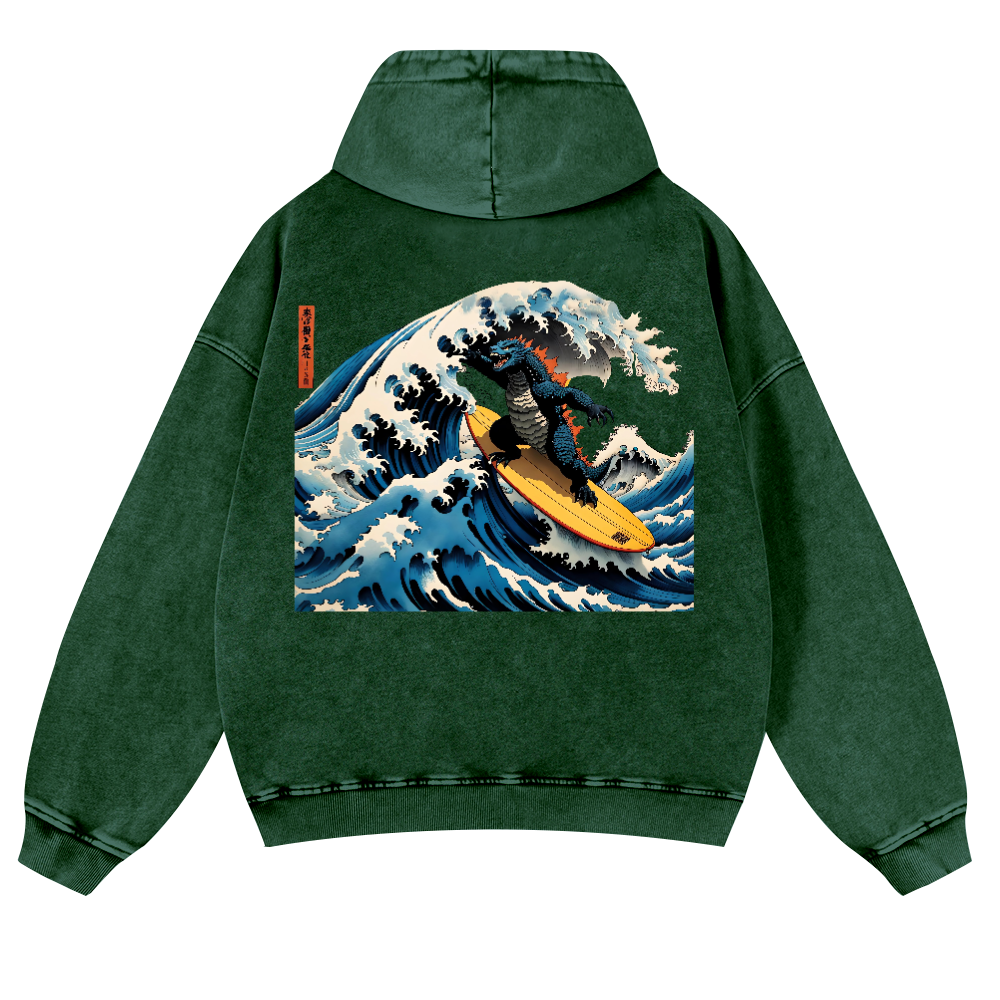 Godzilla Ukiyoe Wave Vintage Washed Cotton Back Art Hoodie