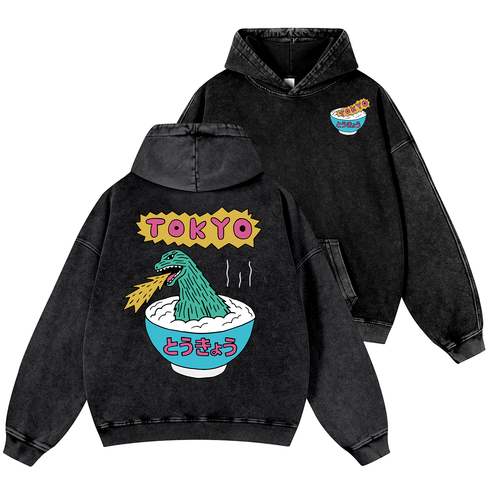 Godzilla The Monster Rice of Tokyo Vintage Washed Cotton Back Art Hoodie