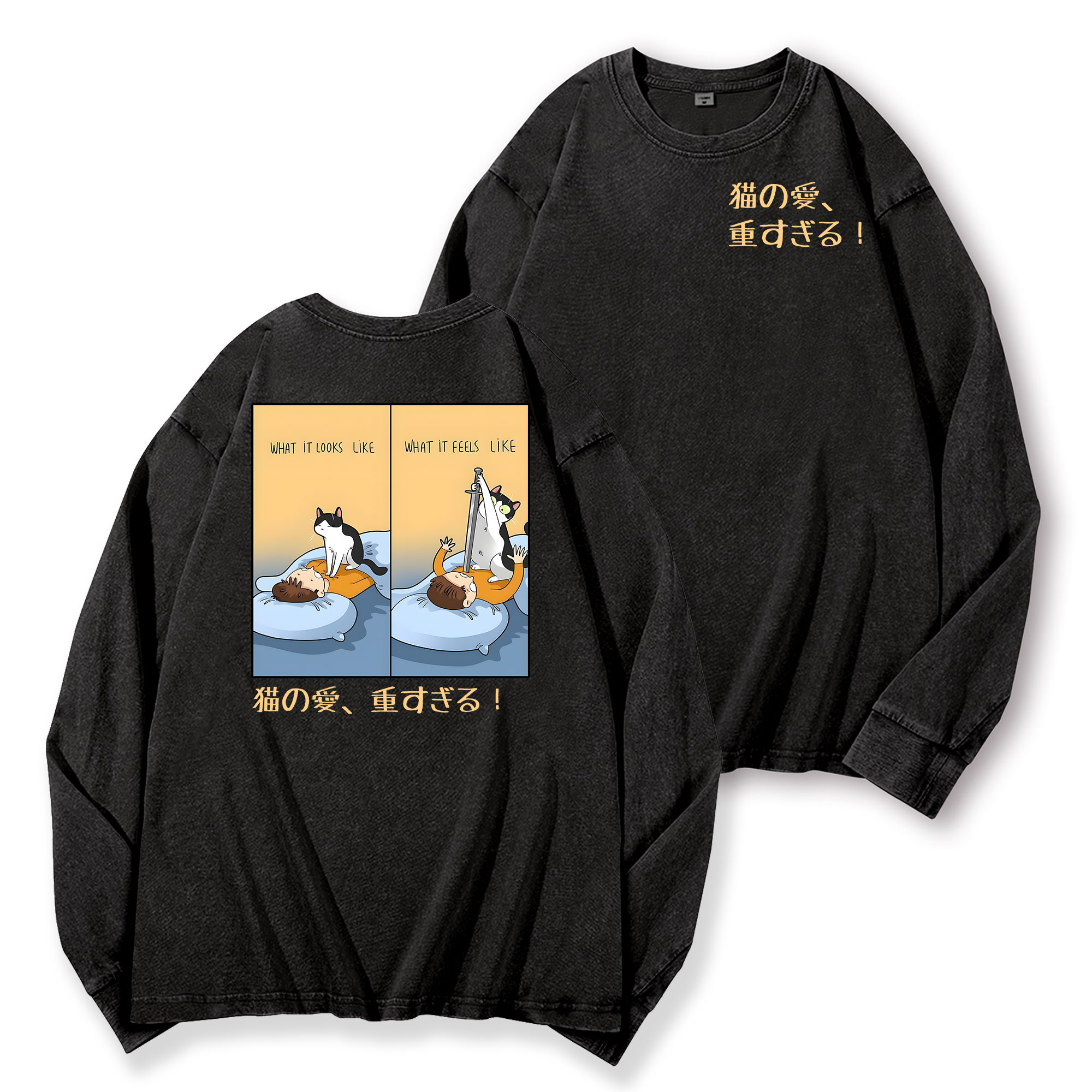 Cat Love Vintage Washed Cotton Back Art Long-sleeve T-shirt