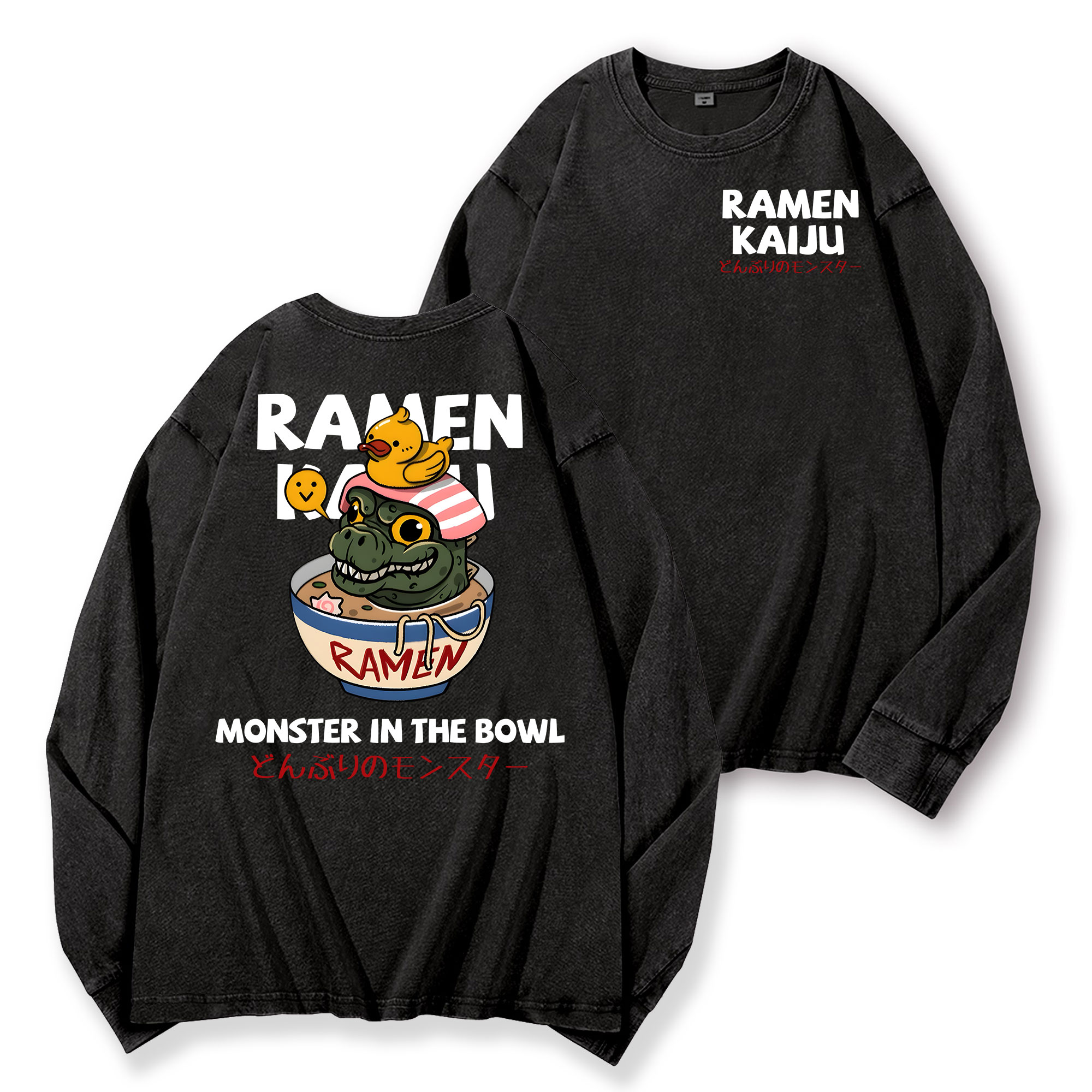 Ramen Godzilla Vintage Washed Cotton Back Art Long-sleeve T-shirt
