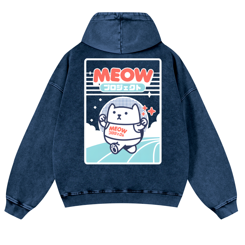 Meow Cat Vintage Washed Cotton Back Art Hoodie
