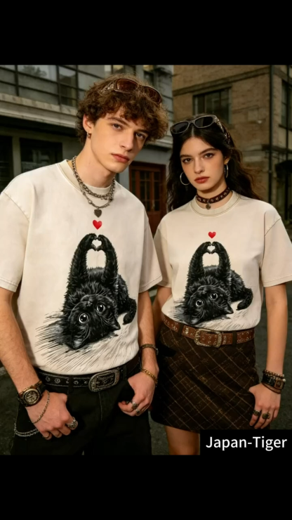Love Cat Vintage Wash Japanese Design T-Shirt