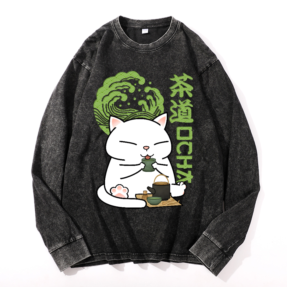 Cat tea Vintage Cotton Wash Crewneck Sweatshirt