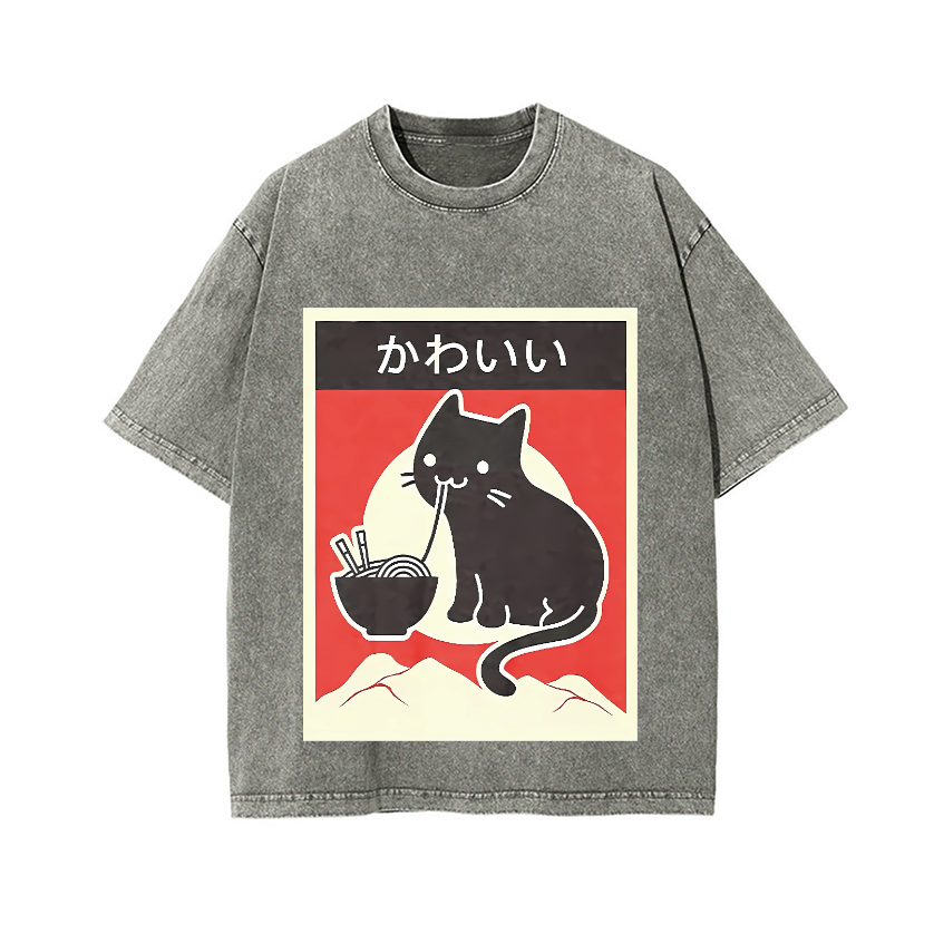 Ramen Cat Vintage Wash Japanese Design T-Shirt