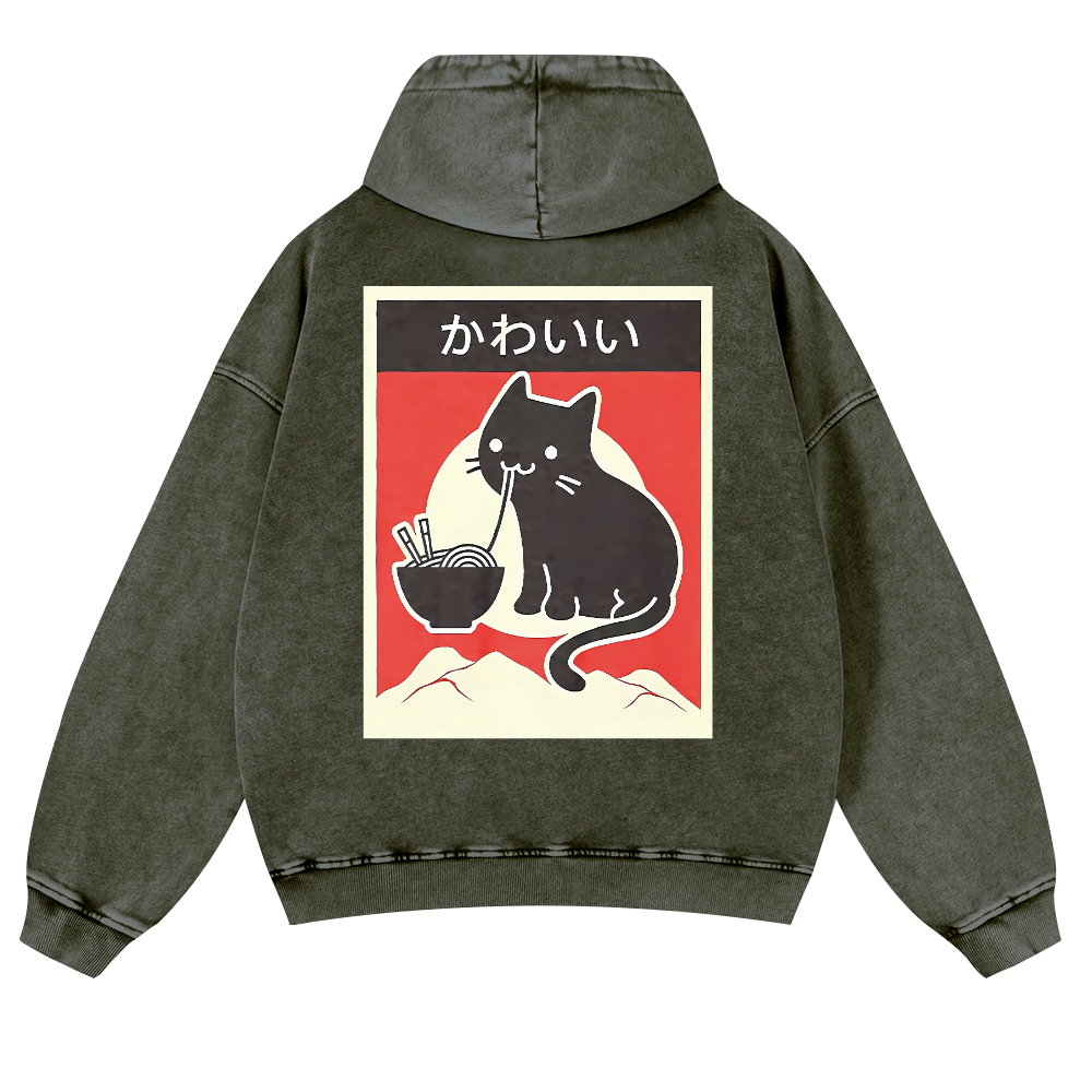 Ramen Cat Vintage Washed Cotton Back Art Hoodie