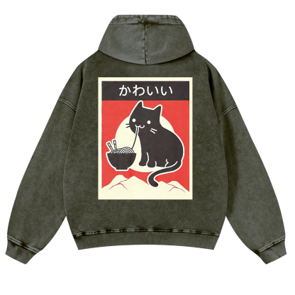 Ramen Cat Vintage Washed Cotton Back Art Hoodie