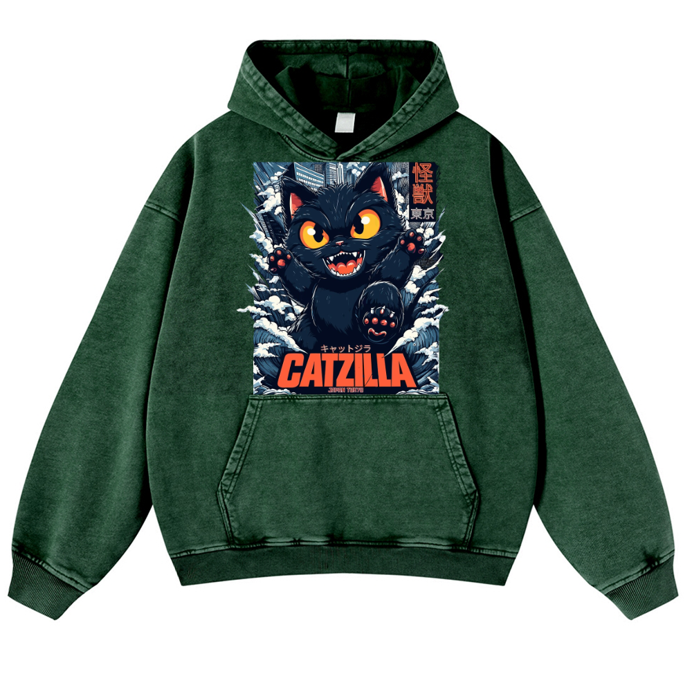 Catzilla Cat Godzilla Vintage Washed Thick Cotton Hoodie