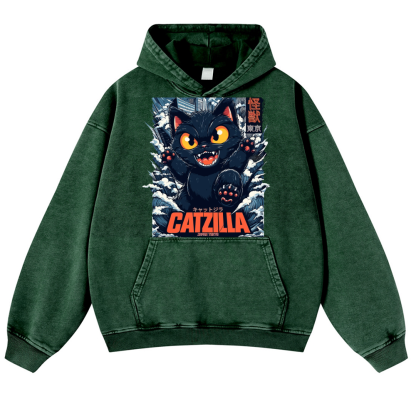 Catzilla Cat Godzilla Vintage Washed Thick Cotton Hoodie