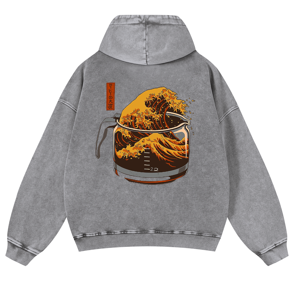 Coffee Wave Ukiyoe Vintage Washed Cotton Back Art Hoodie