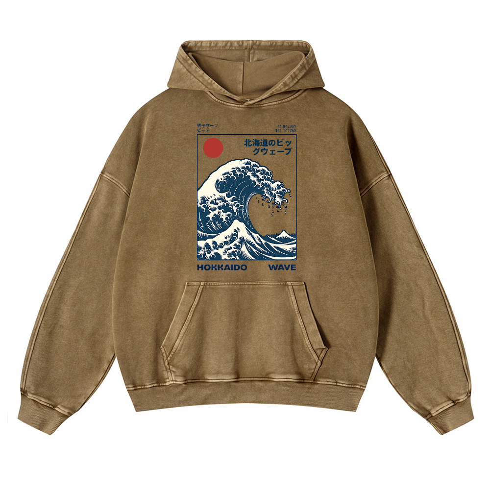 Hokkaido Wave Vintage Washed Thick Cotton Hoodie