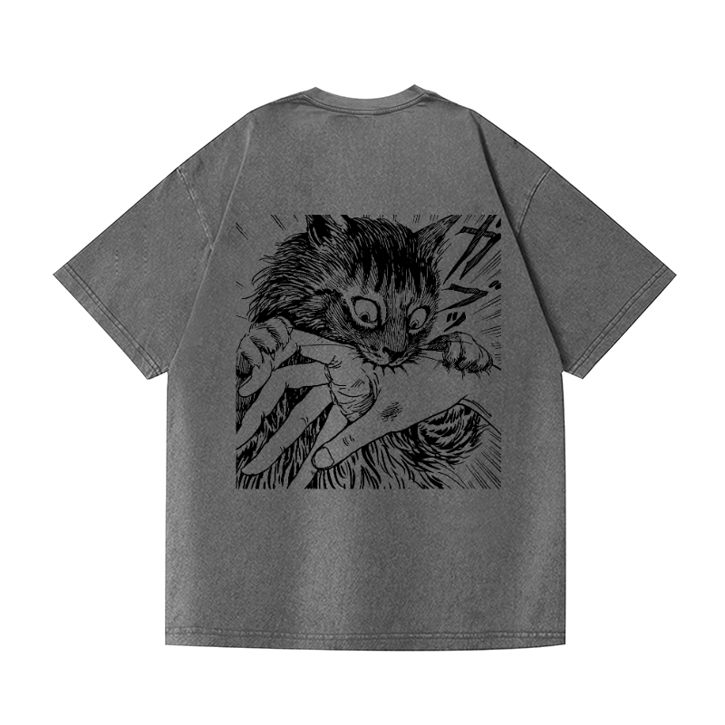 Cat Vintage Wash Japanese Design Back Art T-Shirt