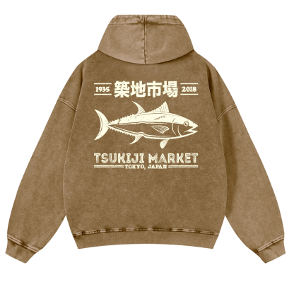 Tsukiji Market Fish Vintage Washed Cotton Back Art Hoodie