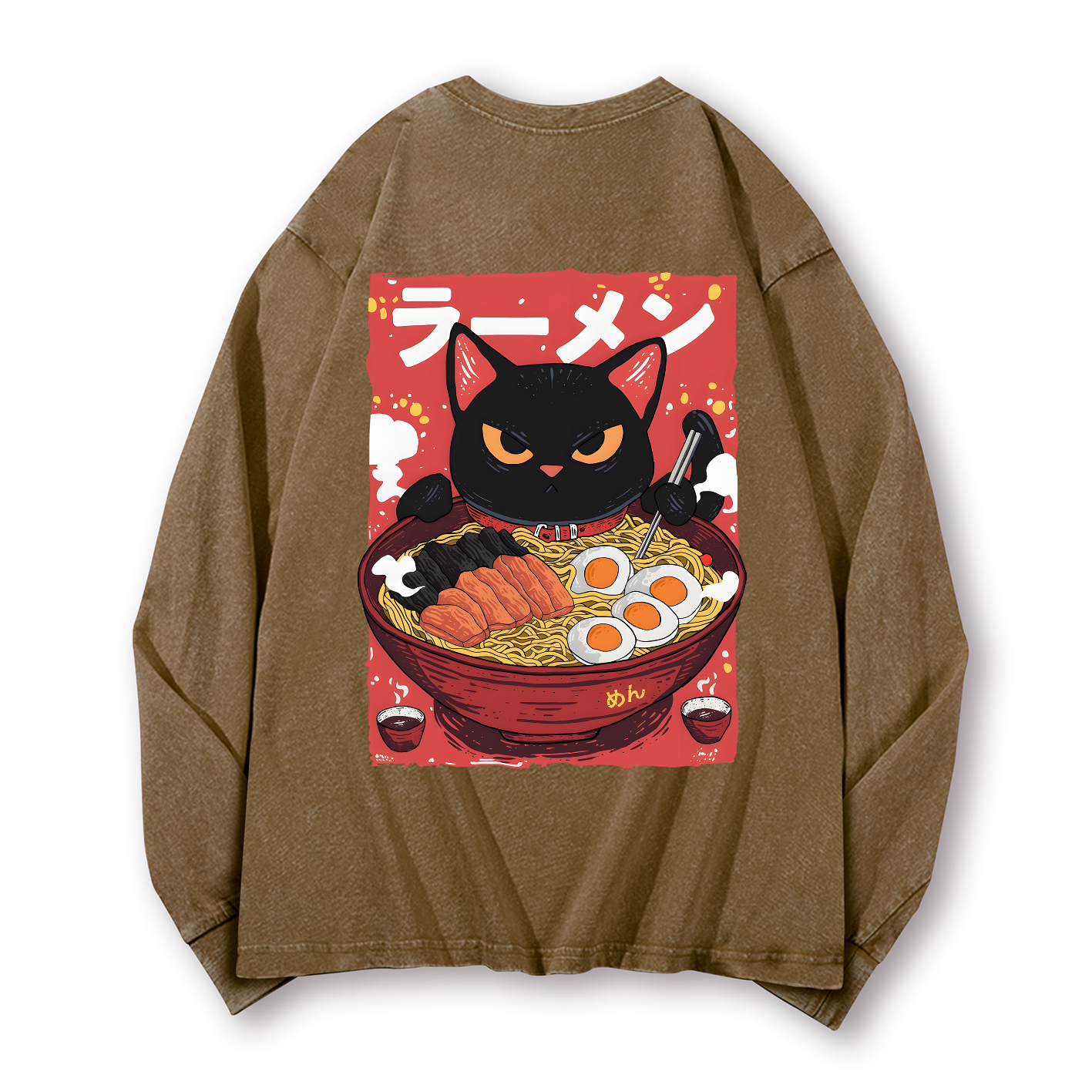 Ramen Black Cat Vintage Washed Cotton Back Art Long-sleeve T-shirt