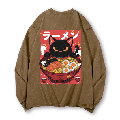 Ramen Black Cat Vintage Washed Cotton Back Art Long-sleeve T-shirt