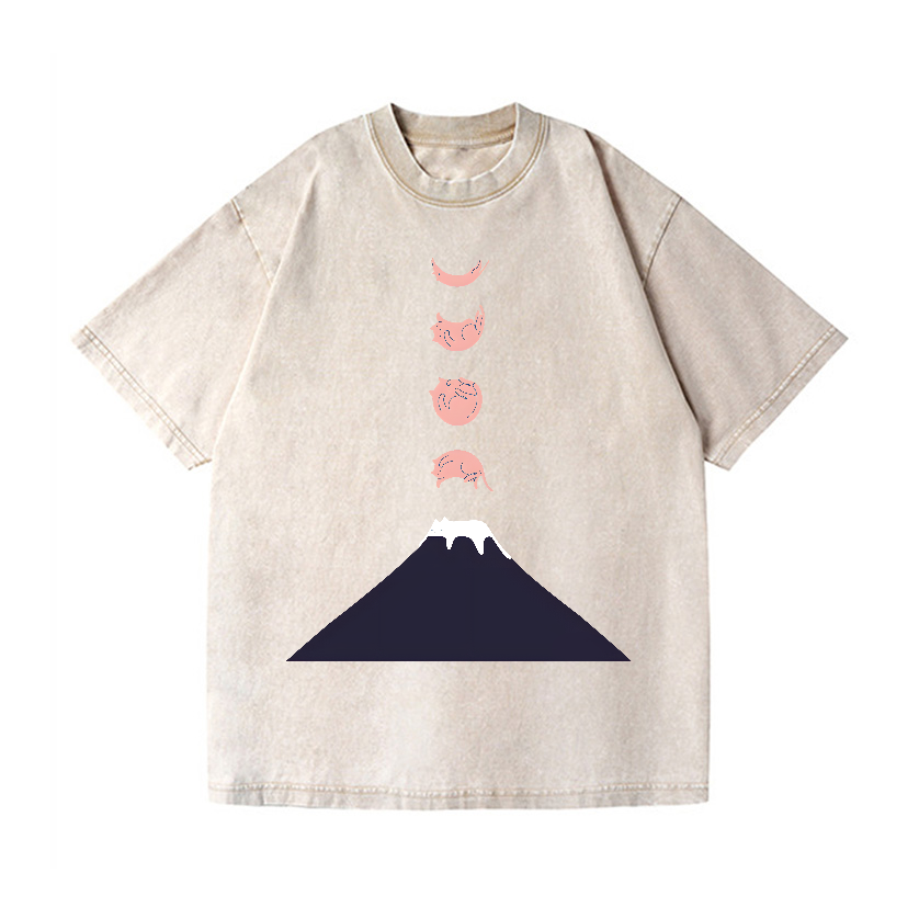 Mount FUJI Moon Cat Vintage Wash Japanese Design T-Shirt