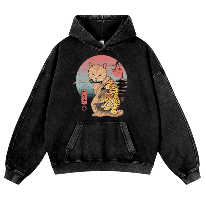 Japanese themed Cat Tiger Illustration Vintage Washed Thick Cotton Hoodie