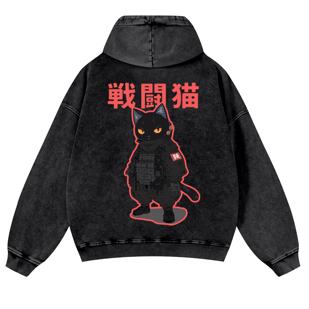 Battle Black Cat Vintage Washed Cotton Back Art Hoodie