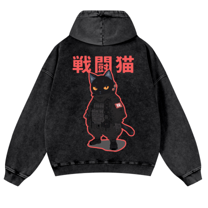Battle Black Cat Vintage Washed Cotton Back Art Hoodie