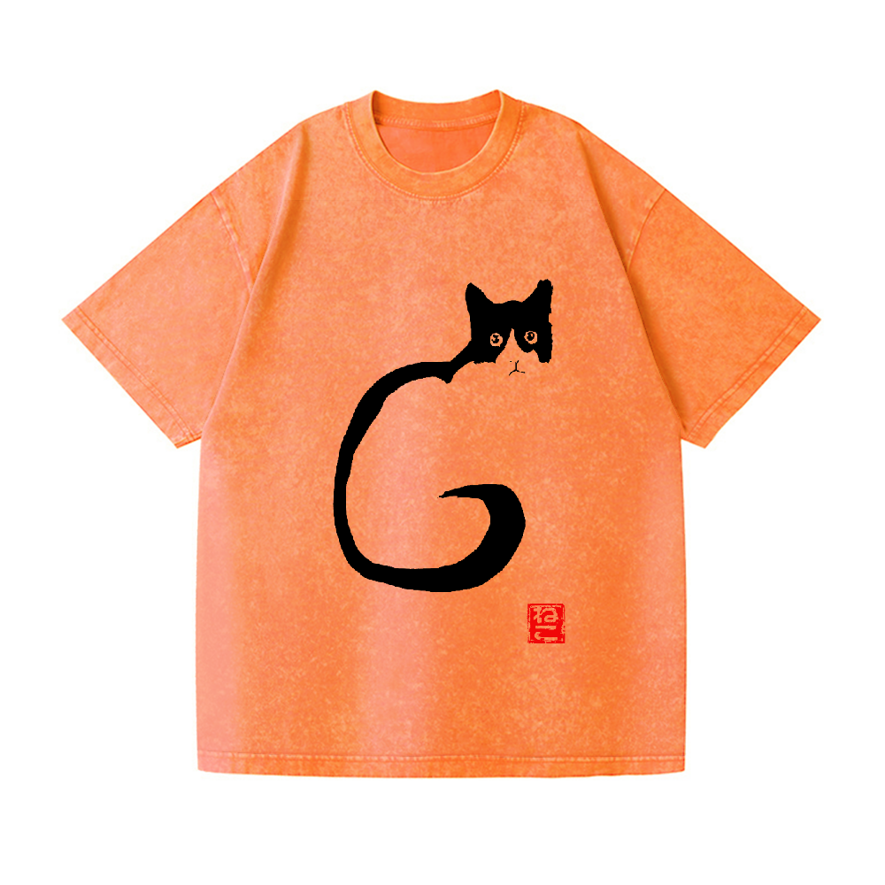 Black Ink Cat Neko Vintage Wash Japanese Design T-Shirt