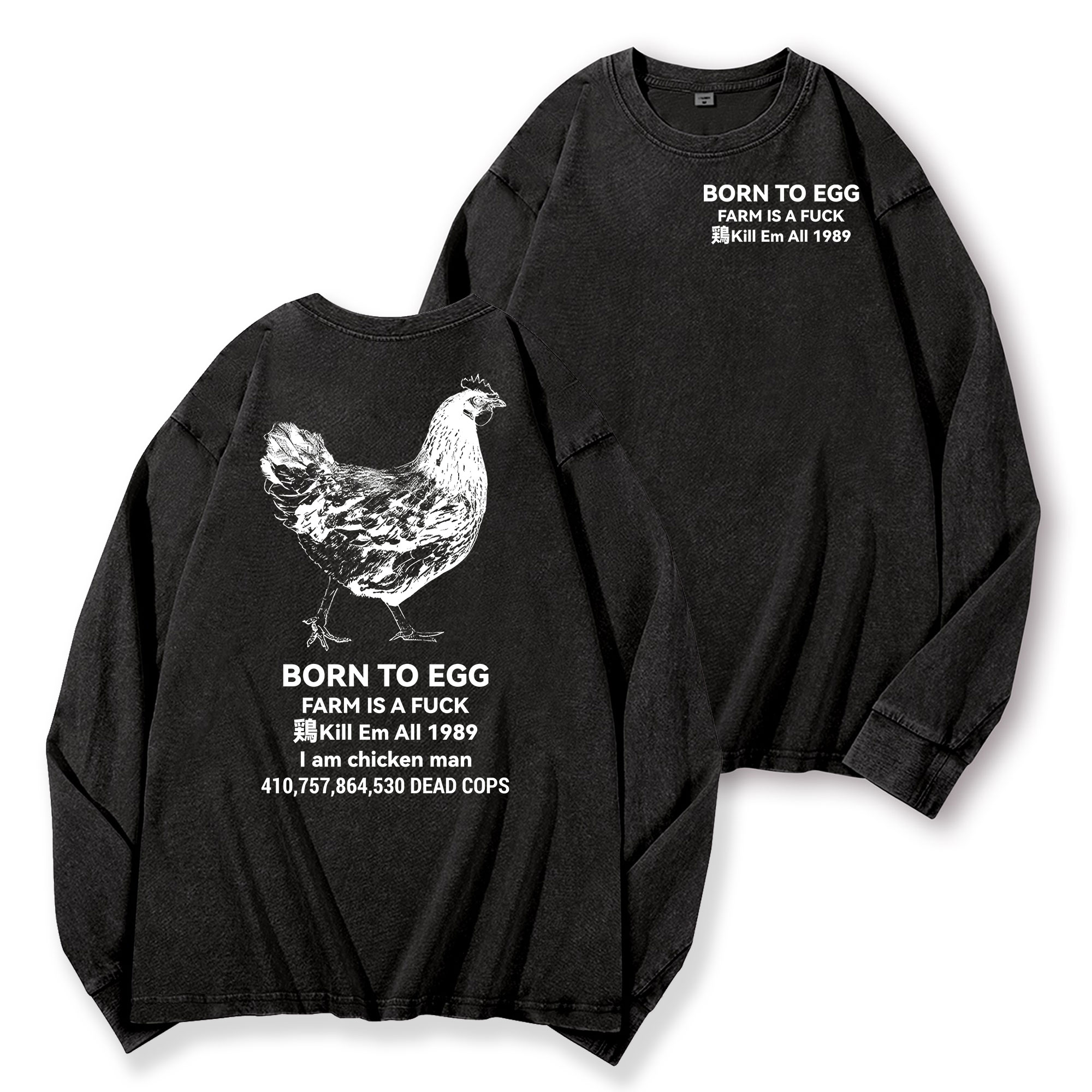 Chicken Vintage Washed Cotton Back Art Long-sleeve T-shirt