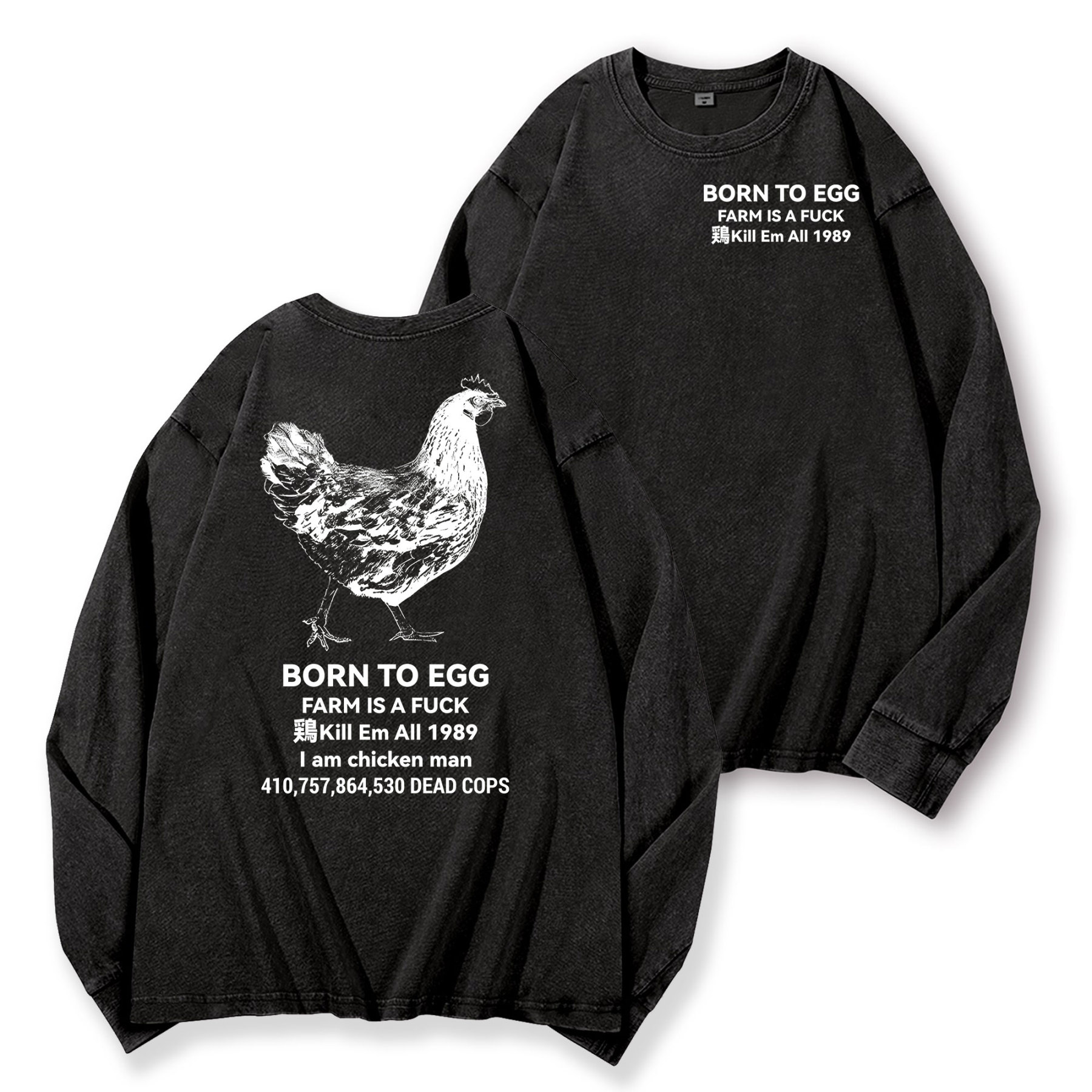 Chicken Vintage Washed Cotton Back Art Long-sleeve T-shirt