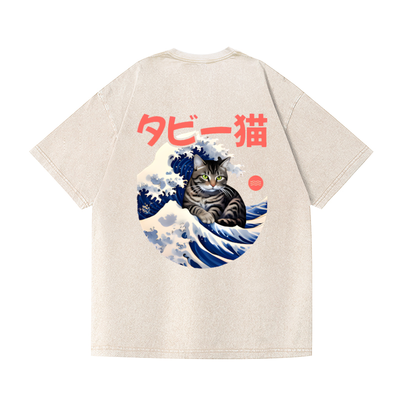Cat Vintage Wash Japanese Design Back Art T-Shirt