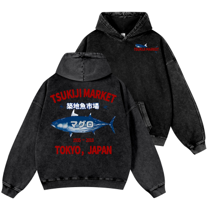 Tsukiji Market Tuna Fish Tokyo Japan Vintage Washed Cotton Back Art Hoodie