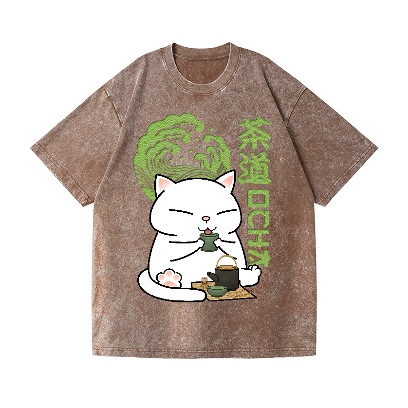 Tea Cat Vintage Wash Japanese Design T-Shirt