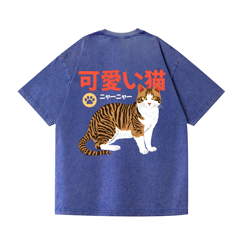 Cute Cat Vintage Wash Japanese Design Back Art T-Shirt