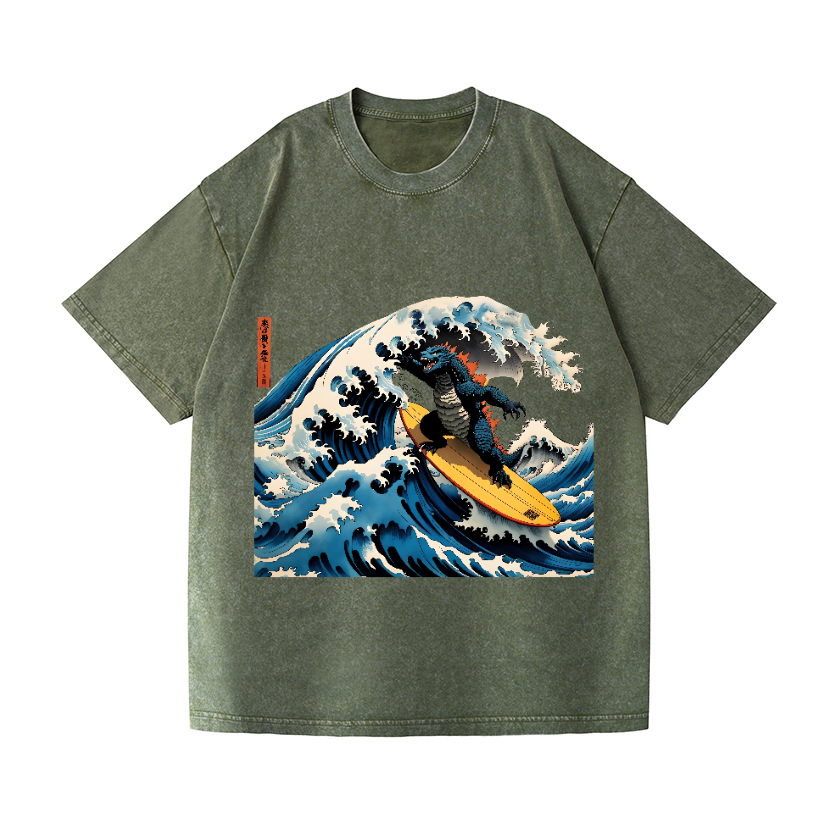 Godzilla Wave Vintage Wash Japanese Design T-Shirt