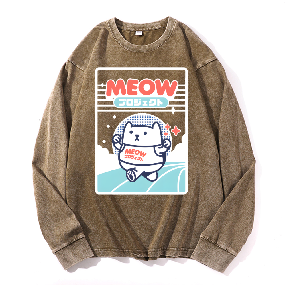 Meow Cat Vintage Cotton Wash Crewneck Sweatshirt