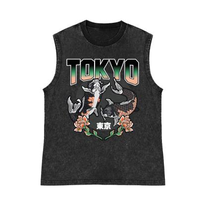 Tokyo Japan Pure Cotton Wash-Dyed Sleeveless Tank Top