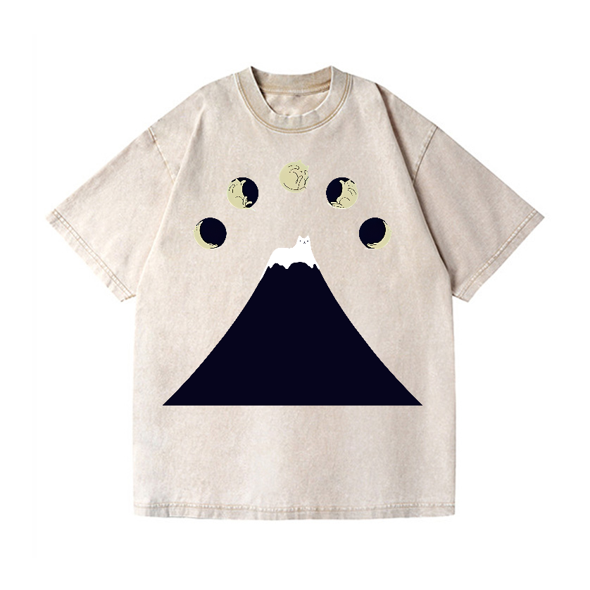 Mount FUJI Moon Cat Vintage Wash Japanese Design T-Shirt