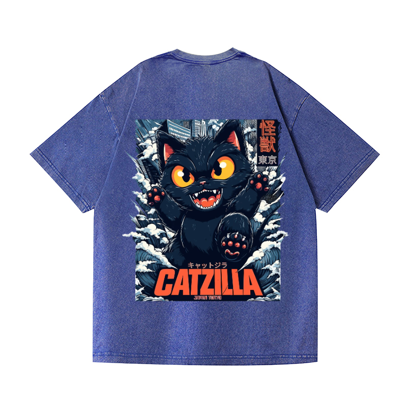 Catzilla Cat Vintage Wash Japanese Design Back Art T-Shirt