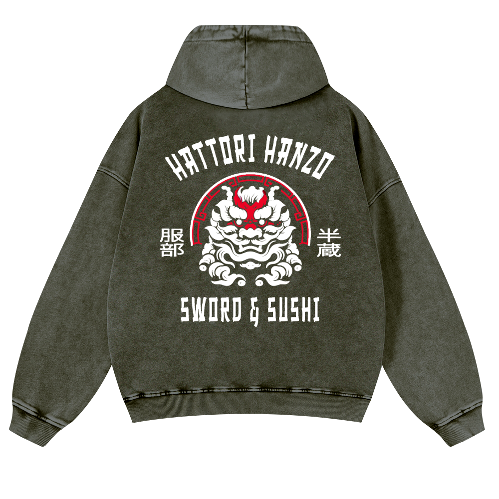 Hattori Hanzo Komainu Vintage Washed Cotton Back Art Hoodie