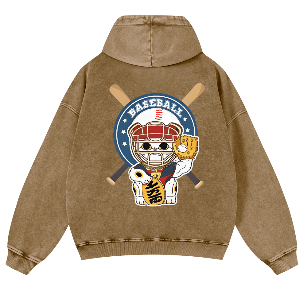 Baseball Cat Vintage Washed Cotton Back Art Hoodie